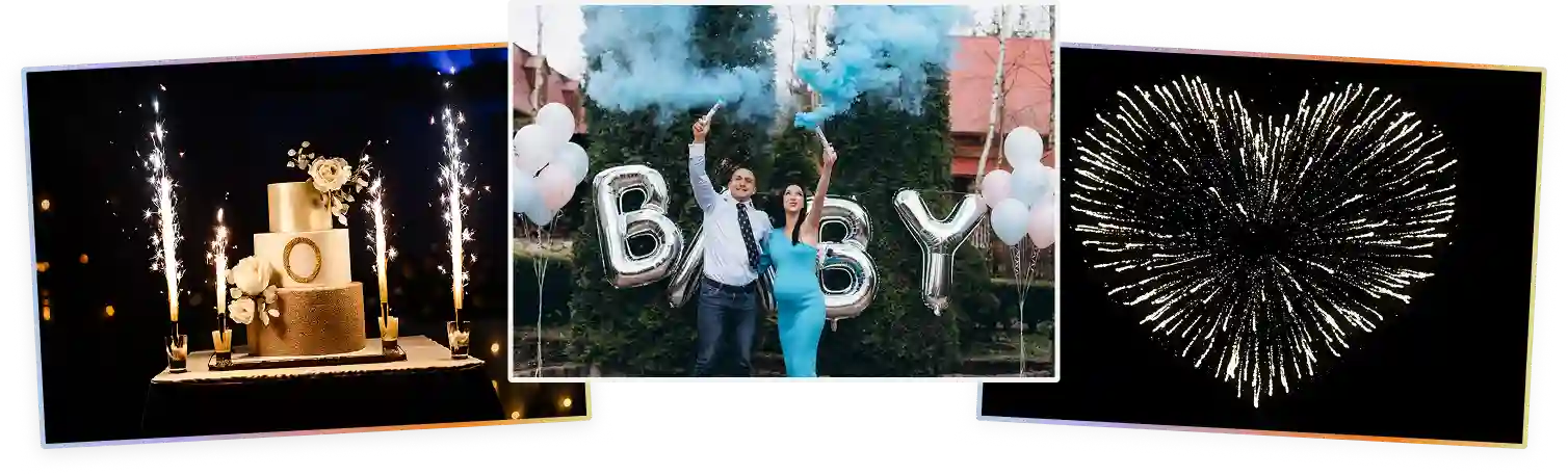 one image of a wedding cake with sparklers, one with a couple holding blue smoke grenades, one with fireworks in the shape of a heart